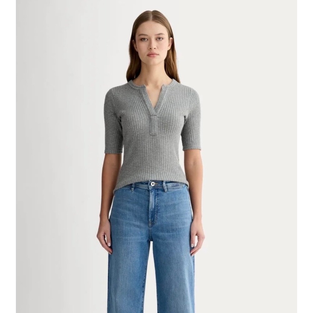 Everlane The Rib Knit Short Sleeve Henley Womens XS Mid Heather Grey Minimalist